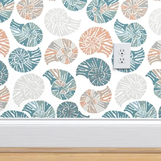 Peel & Stick Wallpaper 2FT Wide Coastal Shells Beach Blue Terra Cotta Seashells Nautical Custom Removable Wallpaper by Spoonflower {4}