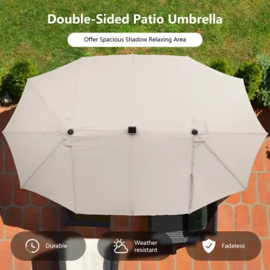 15 Ft Solar Led Patio Double-sided Umbrella Market Umbrella With Weight Base Beige {2}