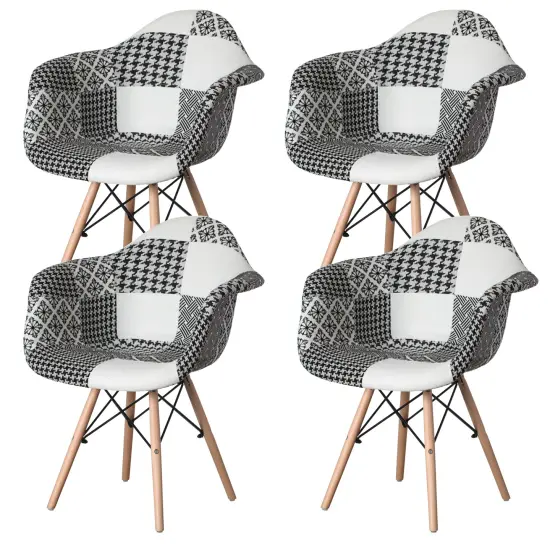 Mid-Century Modern Style Fabric Lined Armchair with Beech Wooden Legs Black & White 4 Set {1}