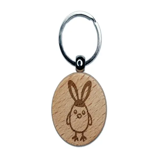Easter Chick with Bunny Ears Engraved Wood Round Keychain Tag Charm {1}