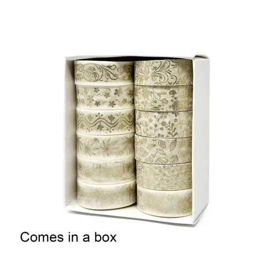 Wrapables Elegant Gold Foil Washi Tape Box Set for Arts & Crafts, Scrapbooking, Stationery, Diary (12 Rolls) Gold Floral {5}