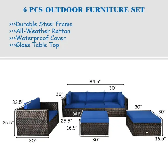 6 Pcs Patio Rattan Furniture Set with Sectional Cushion Blue {4}