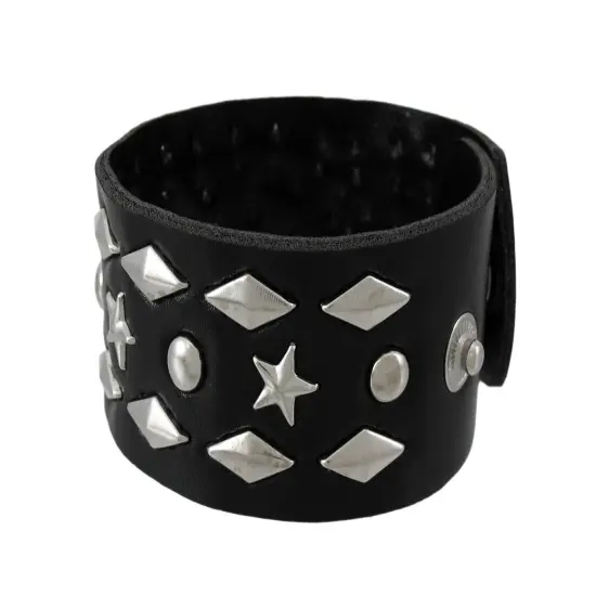Black Vinyl Wristband with Stars and Pyramid Studs {3}