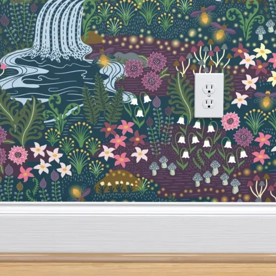 Pre-Pasted Wallpaper 2FT Wide Magical Garden Woodland Floral Whimsical Night Botanical Fireflies Moon Jewel Tone Custom Pre-pasted Wallpaper by Spoonflower {4}