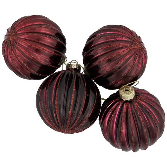 Northlight Ribbed Glittered Glass Ball Christmas Ornaments - 3" (75mm) - Maroon - 4ct Red {5}