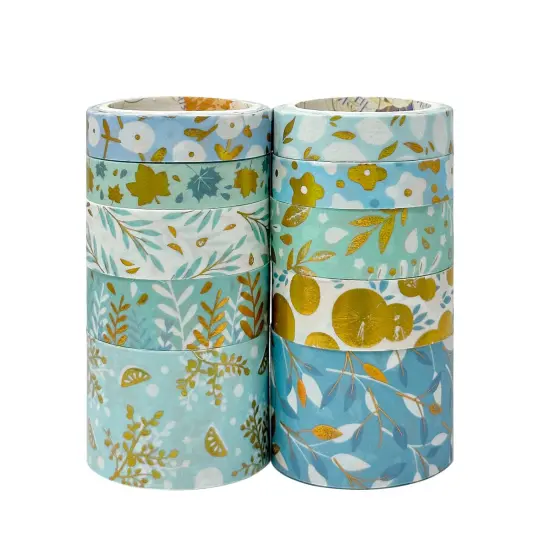 Wrapables Decorative Gold Foil Washi Tape Box Set for Arts & Crafts, Scrapbooking, Stationery, Diary (10 Rolls) Blue Green Bloom {1}