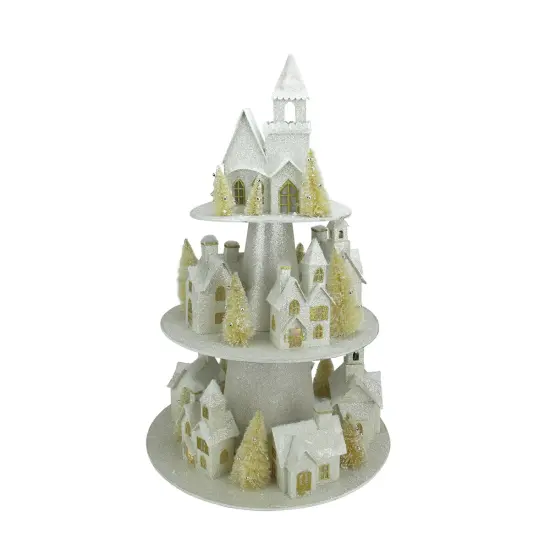 Raz Lighted 3-Tier Glitter Christmas House Display - 25" - Silver and Gold {1}
