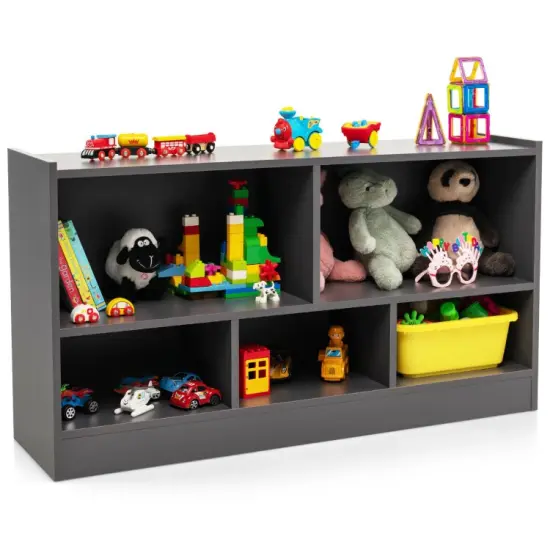 Kids 2-Shelf Bookcase with 5-Cube Wood Toy Storage Organizer Perfect for Children's Room or Bedroom Grey {8}