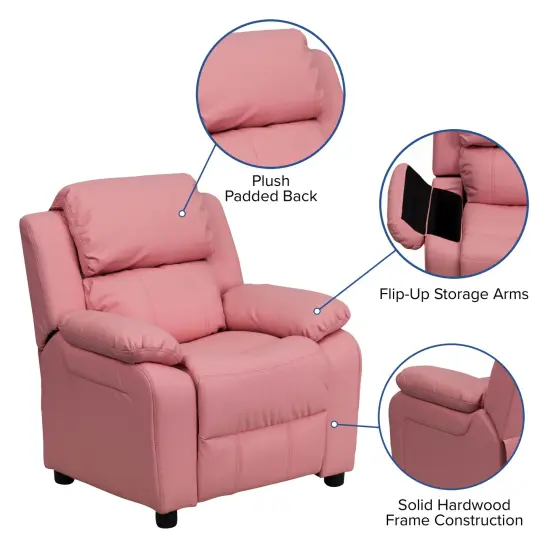 Emma and Oliver Deluxe Padded Contemporary Kids Recliner with Storage Arms Pink Vinyl {2}