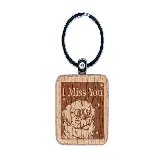 I Miss You Sad Dog Tibetan Spaniel Engraved Wood Square Keychain Tag Charm {1}