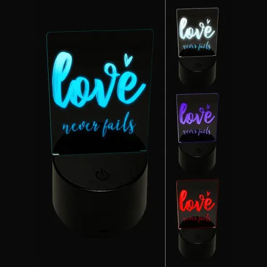 Love Never Fails Inspirational Bible Verse 3D Illusion LED Night Light Sign Nightstand Desk Lamp {1}