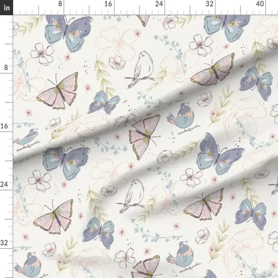 Various Fabrics by the Yard or Fat Quarter Garden Butterfly Songbird Pastel Pink Purple Botanical Whimsical Soft Pastels Floral Custom Printed Fabric by Spoonflower {1}