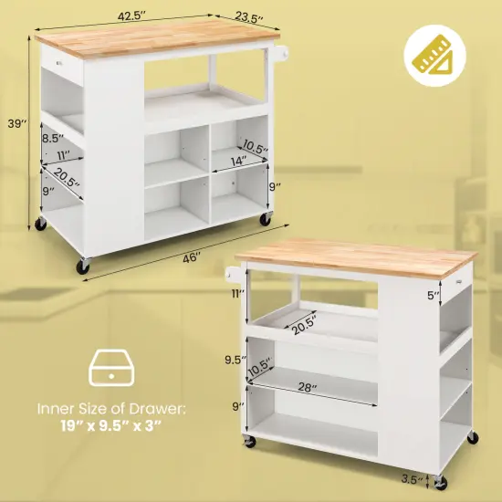 Kitchen Island Trolley Cart on Wheels with Storage Open Shelves and Drawer-White {5}