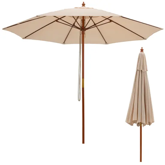Costway 9.5 FT Patio Rope Pulley Wooden Umbrella Market w/Fiberglass Ribs Outdoor Red/Beige {2}