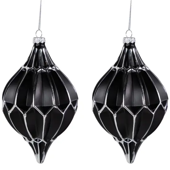 Northlight Set of 2 Matte Black and Silver Finial Christmas Glass Ornaments 5" {1}