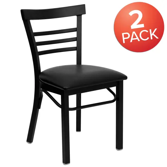 Emma and Oliver 2 Pack Three-Slat Ladder Back Metal Restaurant Chair BlackVYL/BlackMetal {5}