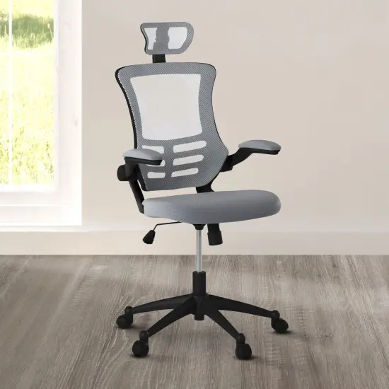 Techni Office Solutions 3.75' Silver Gray and Black Modern High-Back Mesh Executive Office Chair with Headrest and Flip-Up Arms {6}