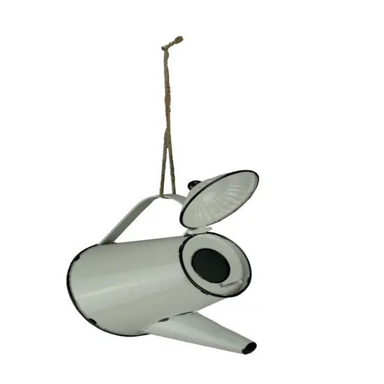 White Enamel Metal Rustic Tea Kettle Decorative Outdoor Hanging Birdhouse Small {1}