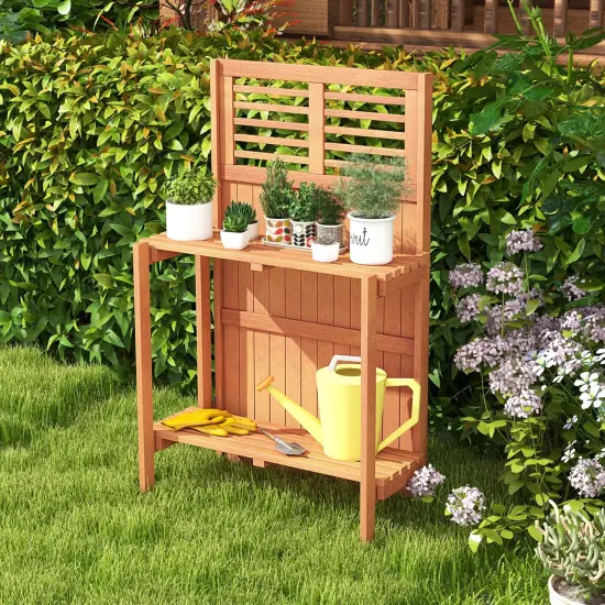 Costway Wood Potting Bench Waterproof Garden Table with 2-Tier Open Storage Shelf {2}