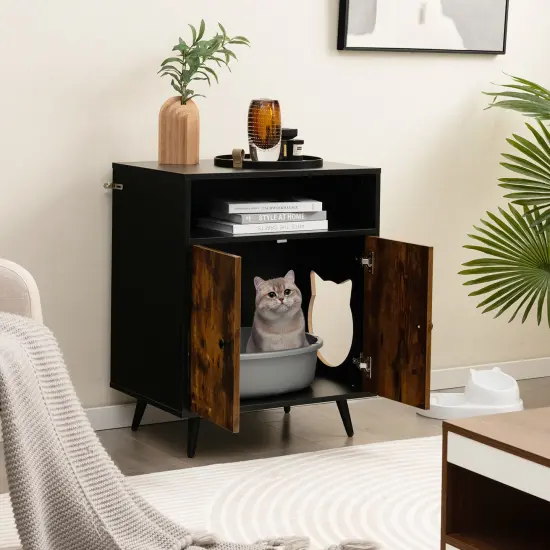 Industrial Cat Litter Box Enclosure with Entry and Open Compartment-Rustic Brown {1}