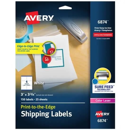 Avery Shipping Labels with Sure Feed for Color Laser Printers, Print-to-the-Edge, 3" x 3-3/4", 150 White Labels (6874) {1}