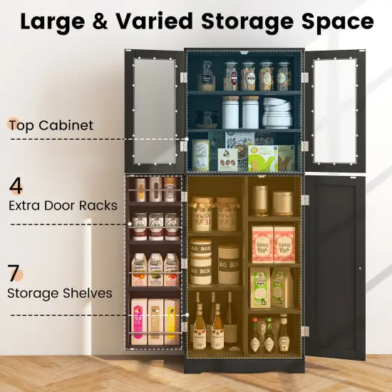 Tall Kitchen Pantry Cabinet with Dual Tempered Glass Doors and Shelves Black {6}