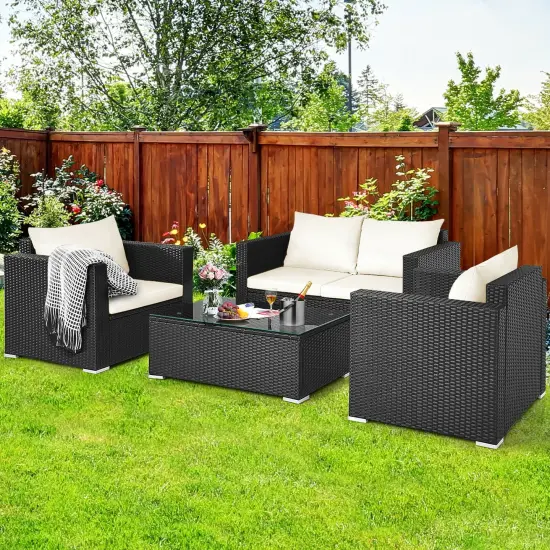 4Pcs Patio Rattan Cushioned Furniture Set White {2}
