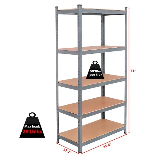 5 Tier Garage Storage Shelf Heavy Duty Steel Rack with Adjustable MDF Shelves for Home and Shop Grey {5}