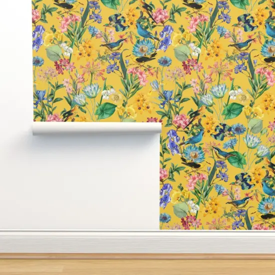 Peel & Stick Wallpaper 2FT Wide Rainforest Jungle Yellow Hand Drawn Botanical Tropical Birds Custom Removable Wallpaper by Spoonflower {2}
