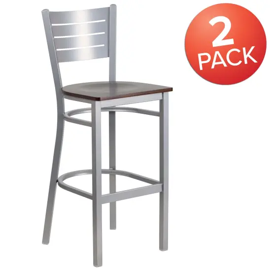 Emma and Oliver 2 Pack Silver Slat Back Metal Restaurant Barstool WalnutWood/Silver {5}