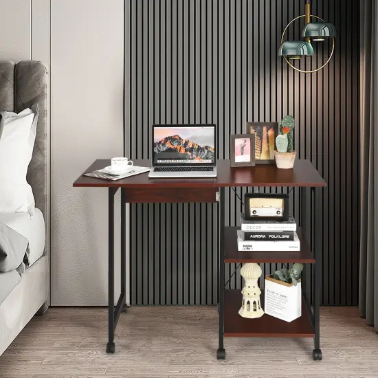 6 Universal Wheels Folding Computer Desk with 2-tier Open Storage Shelves Brown {3}