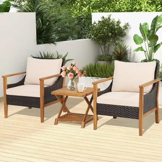 Costway 3PCS Patio Wicker Furniture Set Cushioned Armchairs with 2-Tier Side Table Balcony {1}