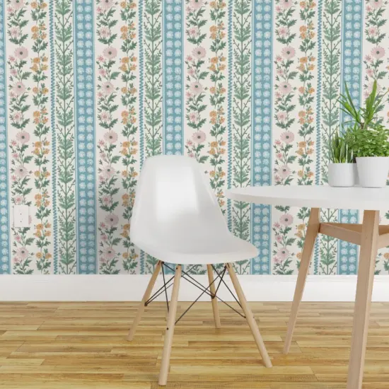 Peel & Stick Wallpaper 2FT Wide Floral Stripes Pink Green Blue Botanical Flowers Custom Removable Wallpaper by Spoonflower {1}