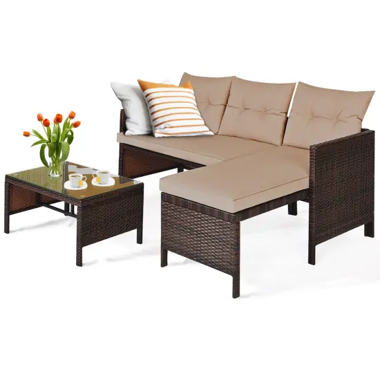 Costway 3PCS Patio Wicker Rattan Sofa Set Outdoor Sectional Conversation Set {8}