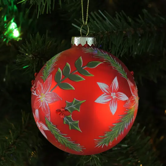 Northlight Poinsettia and Holly Glass Christmas Ball Ornament - 4" - Red {3}