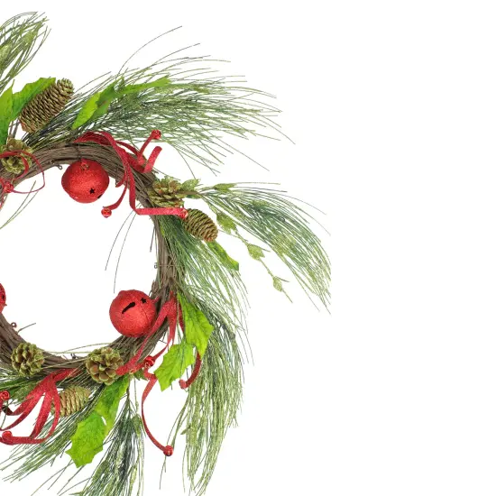 Melrose Jingle Bell Glitter Pine Needle Artificial Christmas Wreath - 21"- Red - Unlit {3}