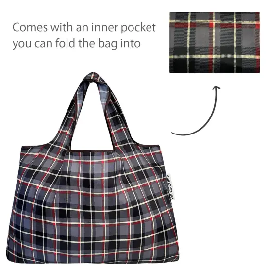Wrapables Large & Small Foldable Tote Nylon Reusable Grocery Bags, Set of 2 Black Plaid {5}