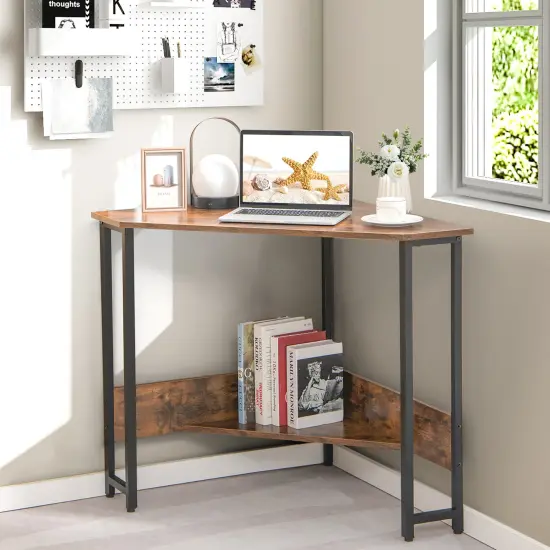Costway Triangle Computer Desk Corner Desk Home Office with Power Outlets USB Ports Black/Rustic {3}