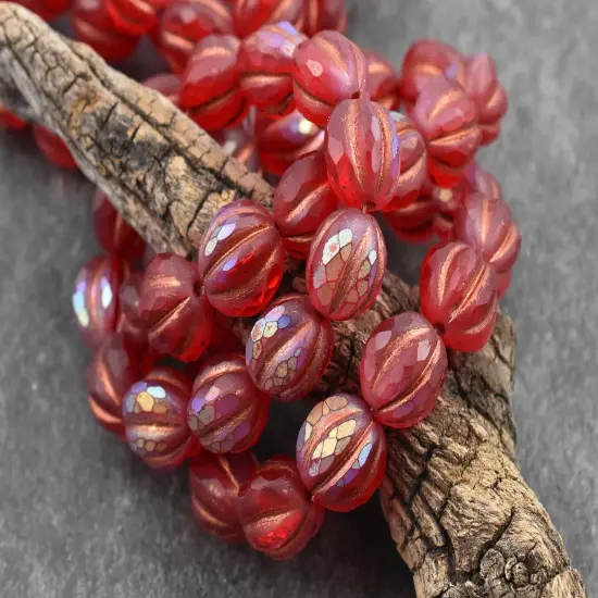 *12* 10mm Copper Washed Matte Ruby Red AB Faceted Round Melon Beads {3}