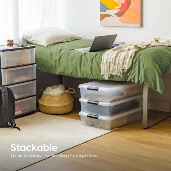 IRIS USA 40 Qt Plastic Under Bed Storage Stackable Nestable Organizer Bin Container with Secure Lids and Durable Black Buckles, Multi-Purpose for Clothes, Shoes, and Bedding, Clear, 3 Pack {2}