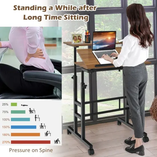 Height Adjustable Computer Desk with 2 Tilting Workstation and 4 Smooth Rolling Lockable Casters Walnut {4}