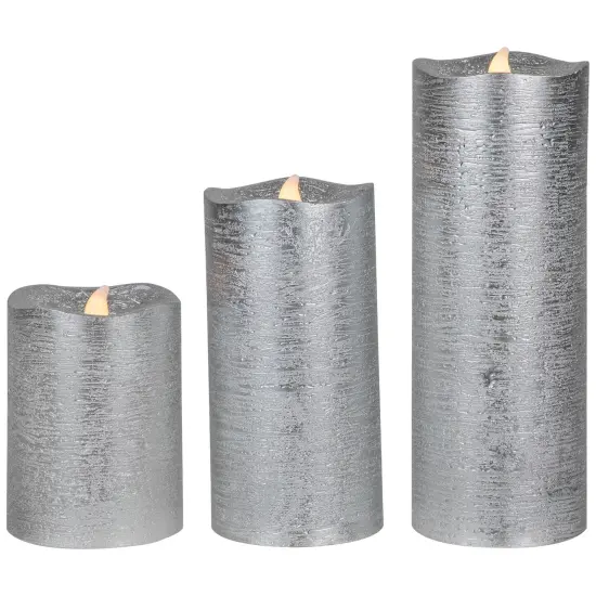 Northlight Set of 3 Brushed Silver-tone LED Flickering Flameless Pillar Candles 8" {6}