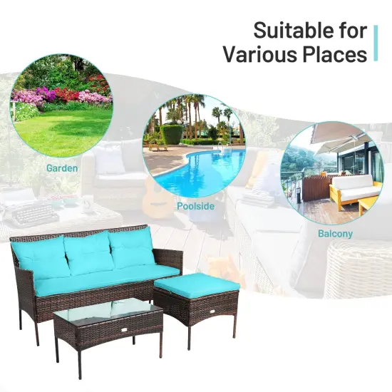 3 Pieces Patio Furniture Sectional Set with 5 Cozy Seat and Back Cushions Turquoise {5}