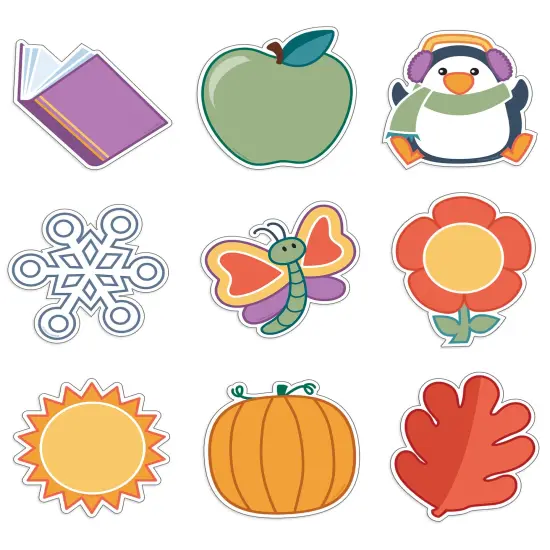 Carson Dellosa 150PC Summer, Fall, Winter, Spring Decor, Autumn Leaves, Snowflake, Hearts, Pumpkin, Sun Umbrella, Flower Cutouts, Bulletin Board, Locker, Christmas, Halloween, Thanksgiving Decorations {1}