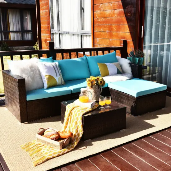 5 Pieces Patio Rattan Sectional Furniture Set with Cushions and Coffee Table Turquoise {3}