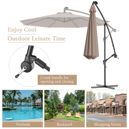 Costway 10' Hanging Solar LED Umbrella Patio Garden Sun Shade Offset Market W/Base Tan {4}
