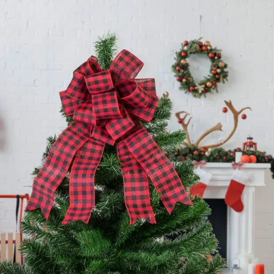 Northlight 19" Buffalo Plaid Print 14 Loop Christmas Bow Tree Topper Black {3}