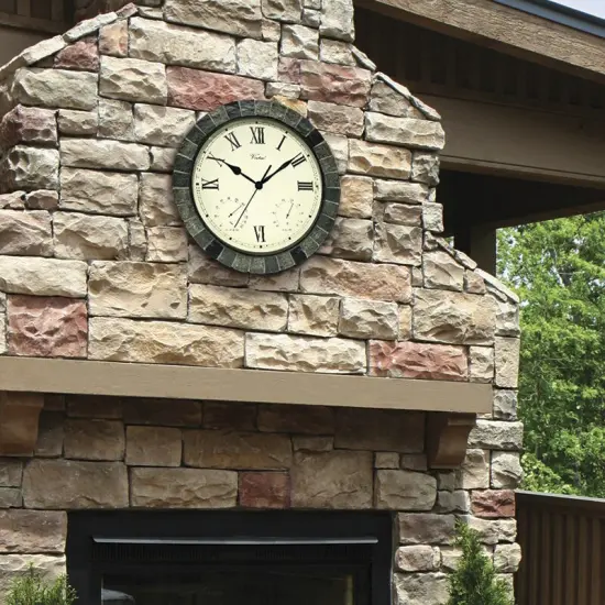 Swim Central 15" Battery Operated Faux Stone Large Print Roman Numeral Outdoor Clock with Thermometer and Hygrometer Beige {3}