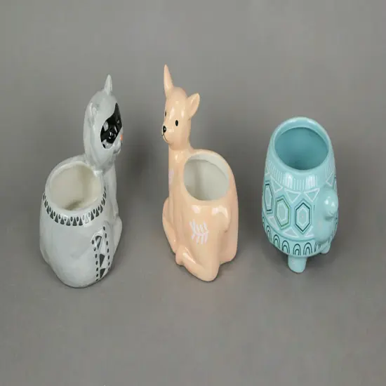 3 Forest Critters Raccoon Deer and Tortoise Dolomite Ceramic Mini Planters {3}