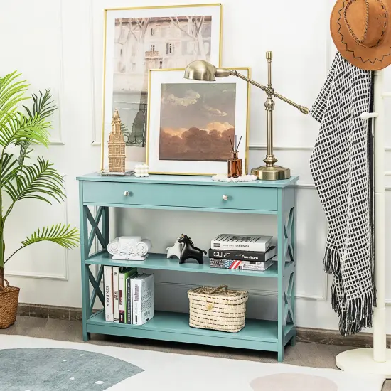 Console Table 3-Tier with Drawer and Storage Shelves Turquoise {2}